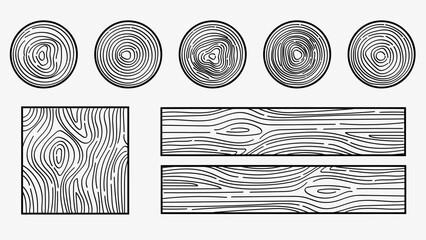 Wooden Texture Hand Drawn Wood Tree Rings Graphics Outline Circle and Square Set.Vector Elements