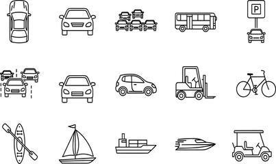 Transportation vehicle icons set, car bus bicycle boat forklift parking outline vector illustration collection modern mobility traffic logistics transport symbols
