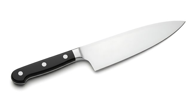 A sharp stainless steel chef's knife with a black handle on a white background chef knife kitchen knife