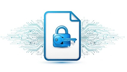 Digital data security and encryption concept with document padlock and key