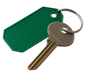 Green key tag and metal key isolated on a transparent background