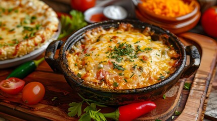 A close up of a casserole dish with melted cheese and herbs on a wooden serving board and other dishes