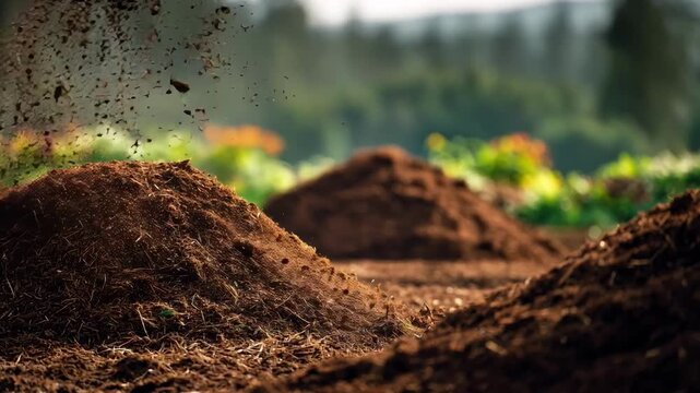 Medium shot of compost piles being aerated to enhance biodegradation of rabbit manure for ecofriendly fertilizer