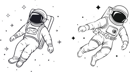 Astronaut floating in space depicted with bold black line art clean minimal modern style illustration