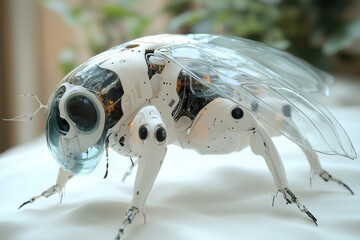 Black and white insect on table.