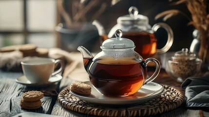 Fototapeta premium A glass teapot with tea and biscuits on a wooden table with a cup and other teapots nearby