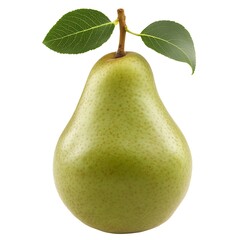 Fresh Green Pear with Stem and Leaves on White Background
