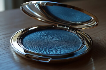 Blue eyeshade on wooden table, illuminated by soft light.