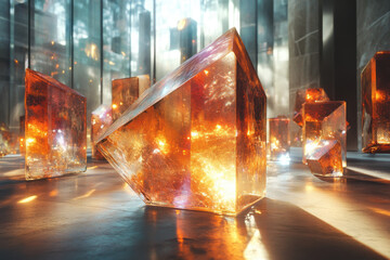 Group of glass blocks with glowing lights.