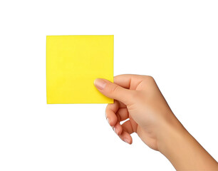 Hand holding yellow sticky note isolated on a transparent background