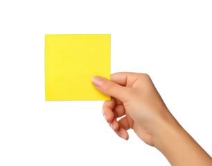 Hand holding yellow sticky note isolated on a transparent background