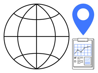 Global navigation, data analysis, business insights, location tracking, worldwide communication. World globe, blue location pin, data analytics chart with graphs. Global navigation and data analysis