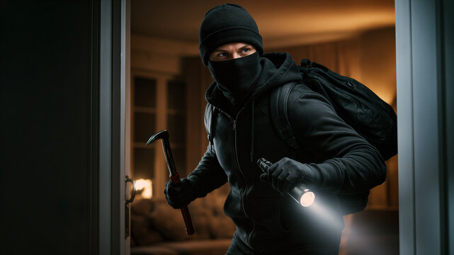 Masked burglar breaking into a house at night with Crowbar and flashlight. Related to home security, intrusion, crime awareness.