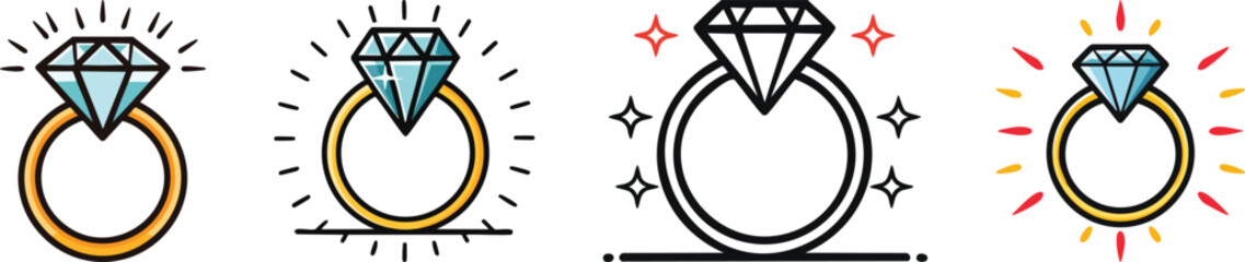 Minimal black line art engagement ring icon featuring gemstone with bold thick elegant outlines style