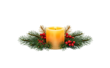 A glowing Christmas candle with pine branches and berries around it, - 1