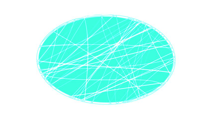 Abstract cyan oval with glowing luminous white lines.  Shape at the center of a transparent background. Chaotic web of thin, glowing white lines. For high-tech branding, scientific illustrations. PNG