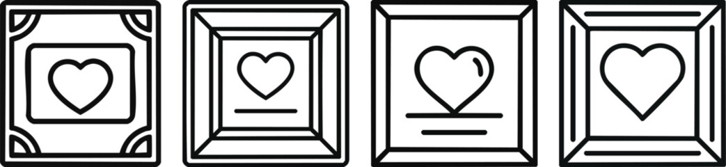Black line art wedding invitation icon featuring rectangular frame heart detail clean minimal design style