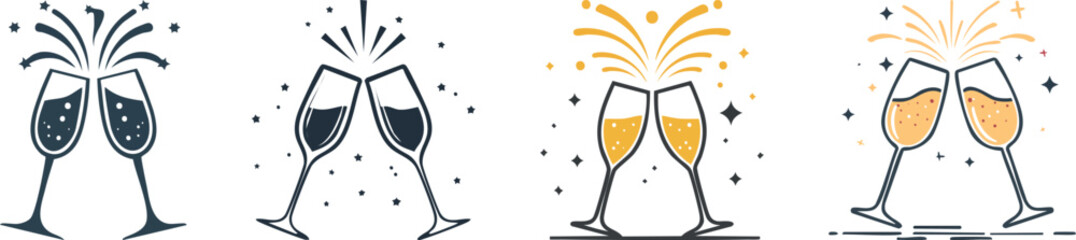 Bold black line art champagne glasses icon with clinking motion lines modern wedding style illustration