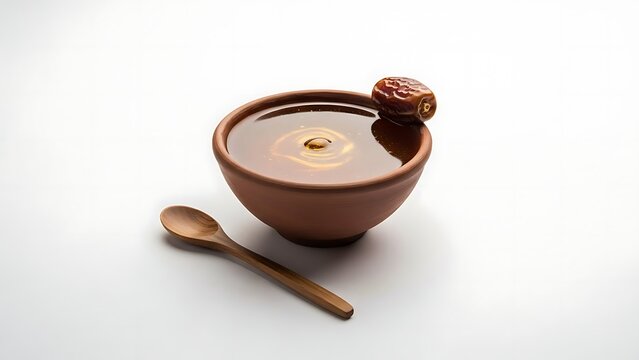 Bowl of Date Syrup with a Single Date and Wooden Spoon on a White Background date honey silan