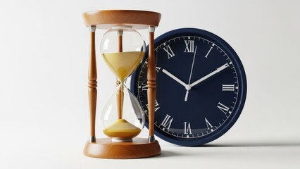 A classic hourglass stands next to a modern wall clock representing time management