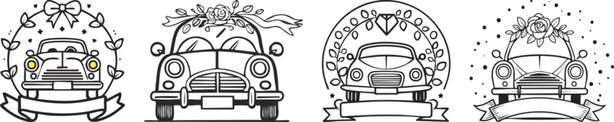Bold black line art wedding car icon with ribbon decoration clean minimal outlines modern style