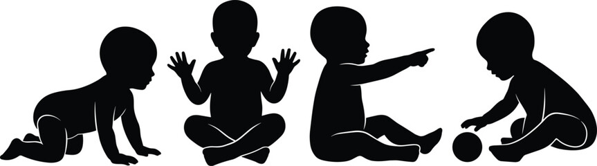 Babies in developmental poses icon set, black silhouette illustration of growth, interaction, and motor skill concept graphic