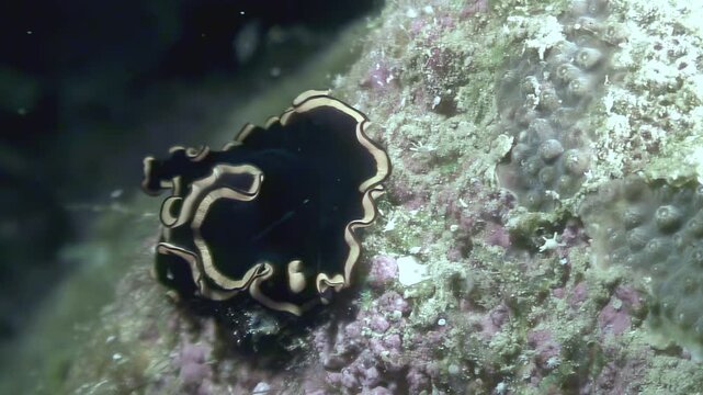 A beautiful black and gold pseudoceros flatworm glides across a coral reef. Shot during the day, the marine worm adds a splash of color and life to its underwater habitat in Raja Ampat, Indonesia.