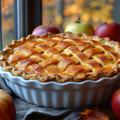 Apple pie with apples in the background.