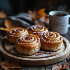 Cinnamon rolls on wooden plate with coffee.