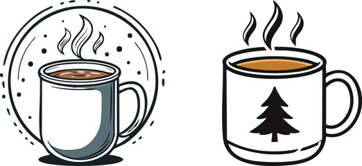 Camping mug icon with steam lines illustrated in thick black outline cozy outdoor style design