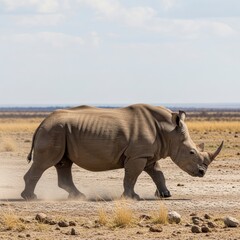 Fototapeta premium Rhino walking across arid landscape under blue sky during daytime