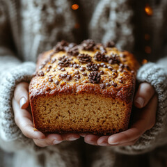 Person holding chocolate chip cake loaf.