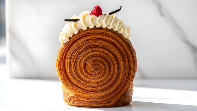 A delicious looking cronut on a white marble background,  a sweet pastry dessert
