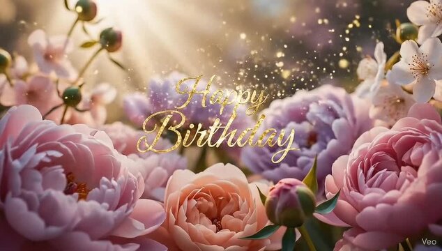 Soft aesthetic happy birthday video with pastel flowers, gentle light rays, calm and warm atmosphere, dreamy background, slow motion particles, elegant and emotional birthday greeting