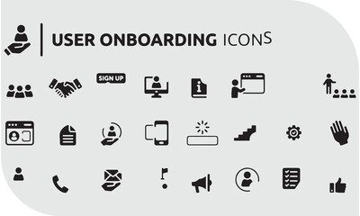 User onboarding solid vector icon collection, welcome, sign up, user guide, tutorial, UX, login and more