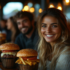 Woman smiling, holding hamburgers.