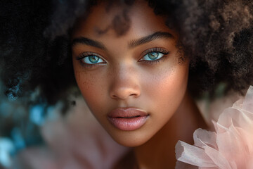 Woman with long hair and blue eyes.