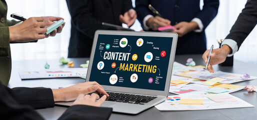 Analyst team use sticky note for creative and analytic brainstorm for business idea with BI data dashboard on laptop screen. Analysis financial data visualization tech for marketing strategy. Prodigy