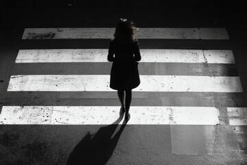 Woman crossing a dark crosswalk.
