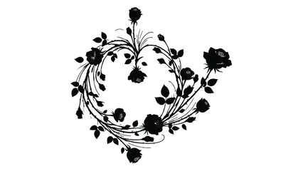 Heart shaped floral wreath with black roses and leaves on white background, romantic symbol, Valentine's Day concept, love and affection illustration