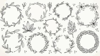 Collection of Hand Drawn Botanical Wreaths and Floral Elements.