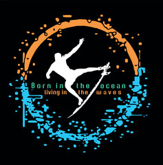A composition of a surfer silhouette and a symbol in a graphic style.