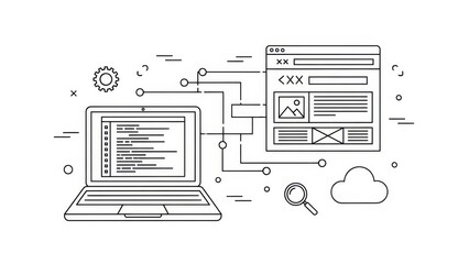 Laptop displaying code connected to website interface, cloud, and search icon