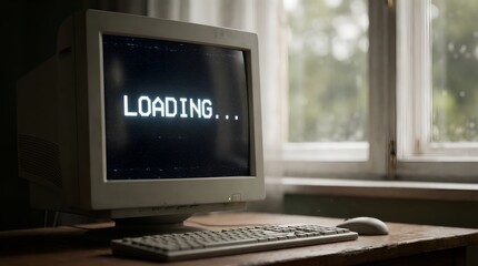 A computer monitor displaying a loading screen on a wooden desk near a window