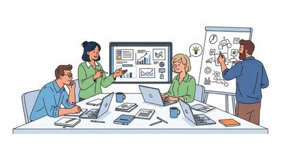 Diverse team collaborating in modern office meeting, brainstorming ideas on whiteboard and digital screen