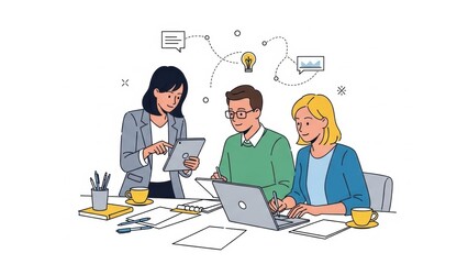 Diverse team collaborating on a project, using laptop, tablet, and charts in a modern office setting.