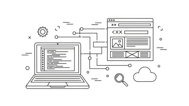 Laptop displaying code connected to website interface, cloud, and search icon - Powered by Adobe