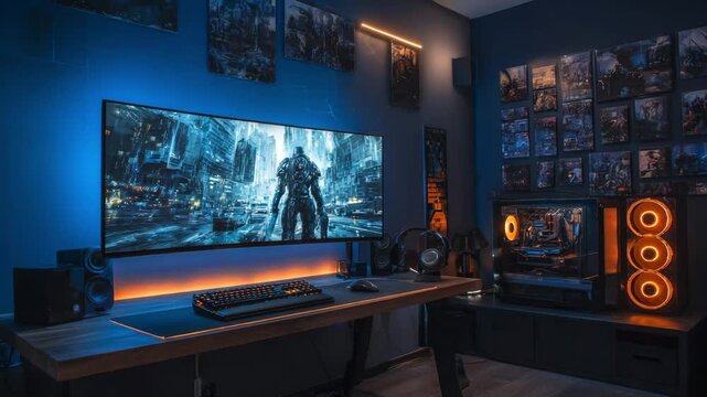 High end gaming workstation with ultra wide monitor and neon ambient lighting