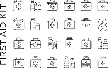 First Aid Kit Icons and Medical Supplies for Emergency Care and Health