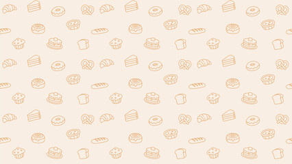 Seamless bakery pattern with orange line icons of bread, croissants, cakes, donuts, pretzels, muffins on a light cream background, expressing bakery lifestyle, sweetness, warm homemade food themes
